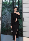 Vintage Elegant Asymmetric Design A-Line Split Long-sleeved Dress HZ1024