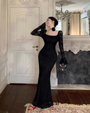 Vintage Fashion Black Square Collar Design Black A-Line Mermaid Long-sleeved Dress HZ1024