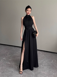Simple Elegant Split Design Black A-Line Women Halter Dress HZ1024