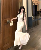 Elegant Beading Design Beige A-Line Long Banquet Halter Dress HZ1024