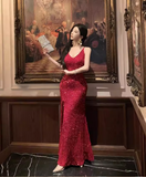 Vintage Sequins Design Wine Red A-Line Long Spaghetti Strap Dress HZ1024