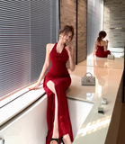 Simple Wine Red Rose Design Split Dress Long A-line Halter Dress HZ1024