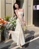 Simple White Three-dimensional Rose Embroidery Design Mermaid Sleeveless Spaghetti Strap Dress HZ1024