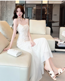 Simple White Three-dimensional Rose Embroidery Design Mermaid Sleeveless Spaghetti Strap Dress HZ1024