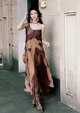 Vintage Irregular Ruffled Hem Fashion Splicing Design A-line Long Spaghetti Strap Dress HZ1024
