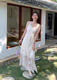 New Fashion White Floral Design Lace A-line V-neck Spaghetti Strap Dress HZ1024