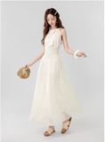 Vintage Fashion Apricot Mesh Ribbon Lace Design A-line Beach Holiday Halter Dress HZ1024