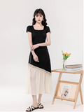 Vintage Fashion Black Irregular Design Elegant A-line Square Collar Short- sleeved Dress HZ1024