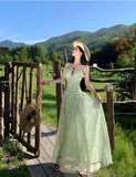 Vintage Fashion Green Irregular Ruffled Hem Design Elegant A-line Spaghetti Strap Dress HZ1024