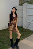 New Fashion Brown Irregular Hem Design A-line V-neck Spaghetti Strap Dress HZ1024