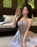 New Fashion Light Blue Sequined Design A-line Sleeveless Beach Holiday Spaghetti Strap Dress HZ1024
