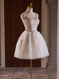 Elegant Beige Embroidery Beaded Design A-line Spaghetti Strap Short Homecoming Dress HZ1024