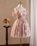 Elegant Pink 3D Flowers Beaded Design Off-the-shoulder Short Homecoming Dress HZ1024