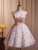 Charming Floral Embroidery Sequined Design Sleeveless Strapless Homecoming Dress HZ1024