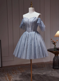 Charming Gray Off-the-shoulder Design Mesh Sleeveless Strapless Homecoming Dress HZ1024