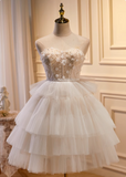 Vintage Beige 3D Flowers Beaded Design Elegant Mesh Sleeveless Strapless Homecoming Dress HZ1024