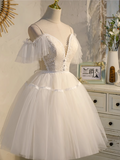 Vintage White Lace Design Elegant Mesh Off-the-shoulder Sleeves Spaghetti Strap Homecoming Dress HZ1024