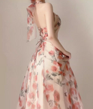 Vintage Pink Floral Design A-line Sleeveless Beach Holiday Halter Dress HZ1024