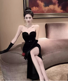 Simple Fashion Black Sleeveless Split Design Prom Dress Elegant A-line Strapless Dress HZ1024