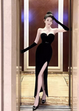 Simple Fashion Black Sleeveless Split Design Prom Dress Elegant A-line Strapless Dress HZ1024