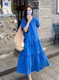 Simple Fashion Navy Blue Loose-fitting Design A-line Short-sleeved Dress HZ1024