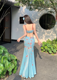 New Fashion Blue Mermaid Floral Design A-line Spaghetti Strap Dress HZ1024