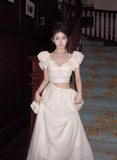 Sweet Apricot V-neck Waist-exposing Design A-line Cute Sleeve Women Dress HZ1024