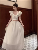 Sweet Apricot V-neck Waist-exposing Design A-line Cute Sleeve Women Dress HZ1024