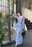 Vintage Blue Floral Design A-line Long-sleeved Dress HZ1024
