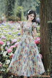 Vintage Floral A-Line Prom Dress Short-sleeve Evening Dress Long Formal Dress HZ1024