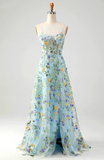 Elegant Floral Spaghetti Strap Prom Dress A-Line Applique Evening Gown High Slit Party Dress Long Formal Dress HZ1024