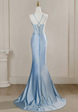 Vintage Sky Blue Applique Sequin Sheath Sweetheart Satin Evening Gown Spaghetti Strap Party Dress Slit Ruffled Long Formal Dress HZ1024