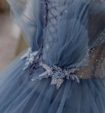 Gorgeous Blue Sparkly Tulle Beaded Prom Dress, Tiered Formal Gown With Rhinestone HZ1024