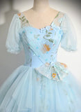 Light Blue Tulle Floor Length Prom Dress, Beautiful Short Sleeves Sweet 16 Dress HZ1024