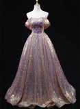 A-line Off Shoulder Sequins Long Prom Dress Party Dress, Sequins Evening Dress HZ1024