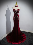 Off Shoulder Wine Red Mermaid Long Party Dress, Wine Red Velvet Prom Dress HZ1024
