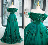 Green Off Shouldr Ball Gown Flowers Tulle Formal Dress, Green Floor Length Party Dress HZ1024