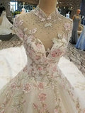 Ivory Tulle High Neckline Tulle With 3D Flower Lace Wedding Dress, Ivory Sweet 16 Dress HZ1024