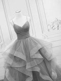 Light Grey Tulle Ball Gown Long V-neckline Formal Dress, Grey Wedding Party Dress HZ1024