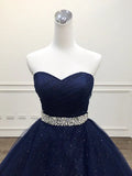 Navy Blue Tulle Beaded Ball Gown Sweet 16 Dress, Shiny Tulle Blue Prom Dress HZ1024