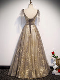 Champagne V-neckline Tulle Long Party Dress, A-line Straps Prom Dress HZ1024