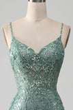 Spaghetti Staps Sparkly Grey Green Prom Dress with Beading HZ1024