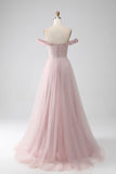 Off the Shoulder A Line Beaded Prom Dress with Slit HZ1024