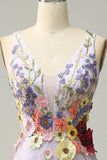 A Line Deep V Neck Lavender Long Prom Dress with Appliques HZ1024