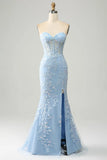 Light Purple Mermaid Sweetheart Corset Appliques Prom Dress With Side Slit HZ1024
