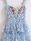 Blue Crystal Sequins Princess A Line Off the Shoulder Prom Dress with Lace Ruffles HZ1024