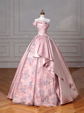 Pink A-Line Satin Strapless Floral Evening Gowns HZ1024