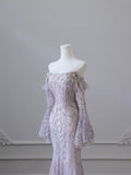 Purple Strapless Long Sleeve Mermaid Floor Length Dress HZ1024