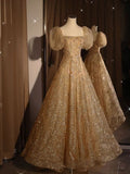 Gold A-Line One Neck Short Sleeve Sparkling Tulle Long Evening Dresses HZ1024