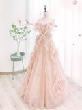 Pink A-line Strapless Sleeveless Ruffled Long Evening Dresses HZ1024